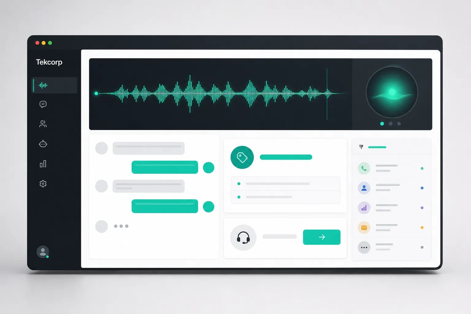 Tekcorp voice AI conversation workspace with live transcript and handoff controls
