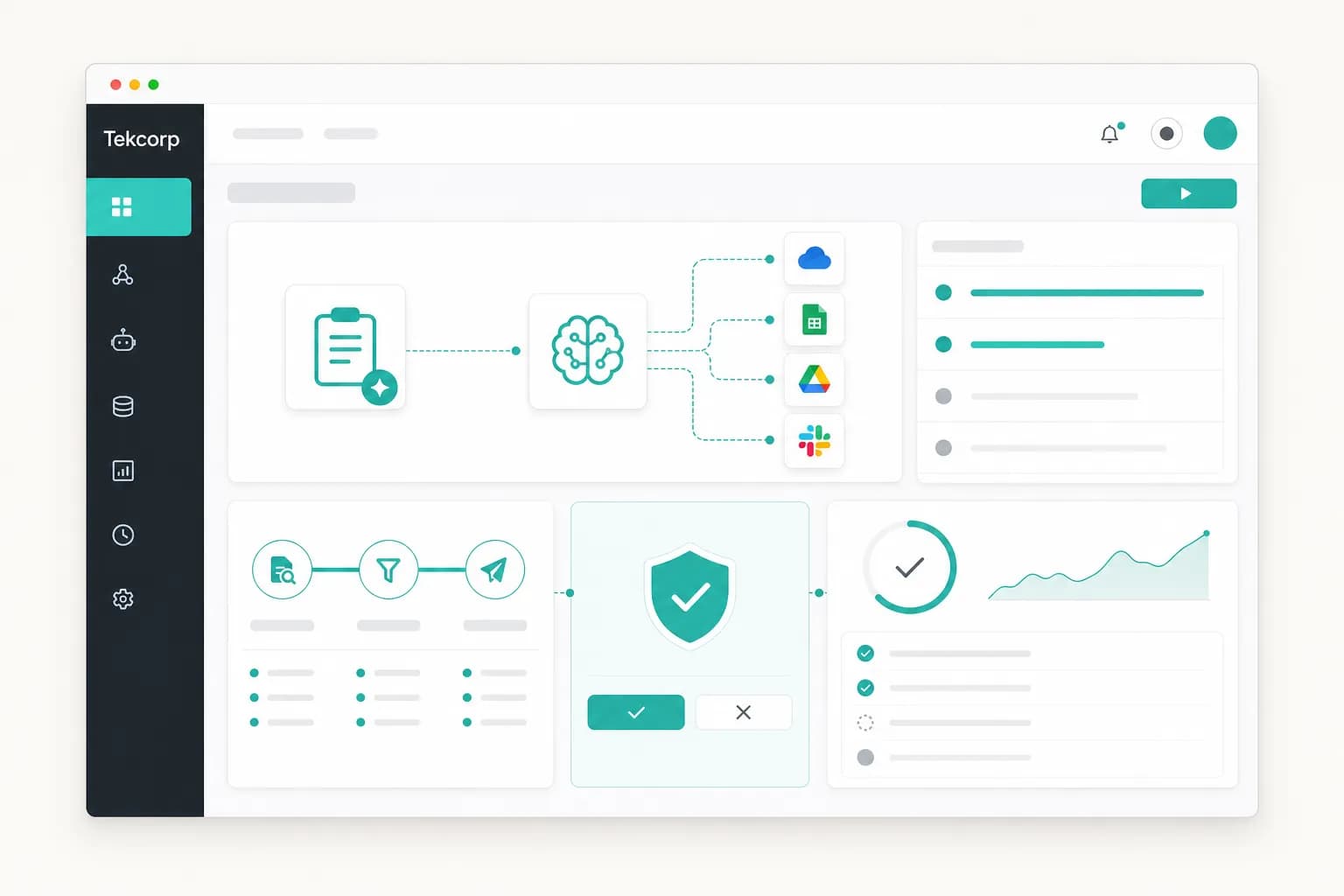 Tekcorp AI agent orchestration workspace with business data, actions, and approvals