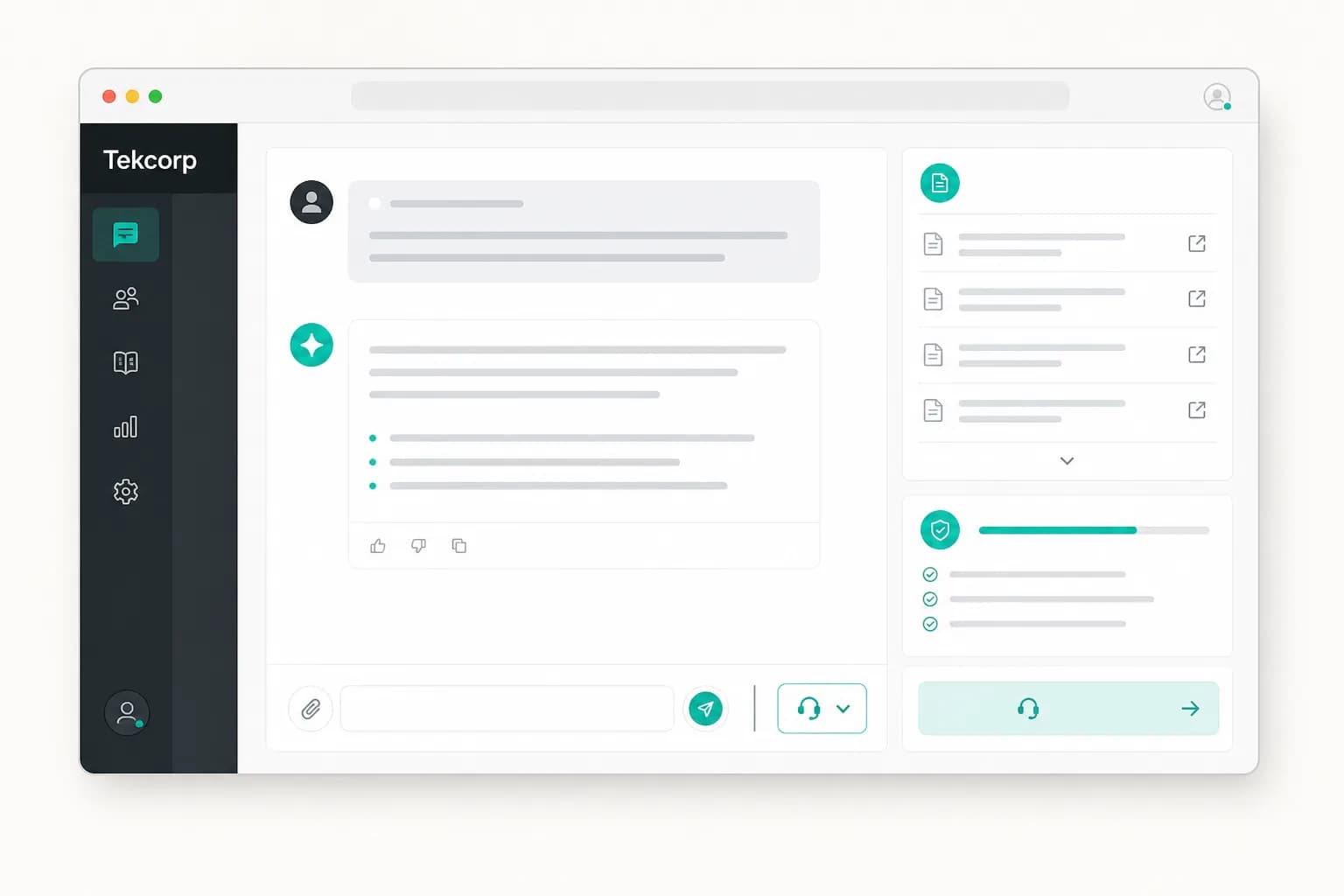 Tekcorp AI assistant workspace with grounded answers and human handoff controls